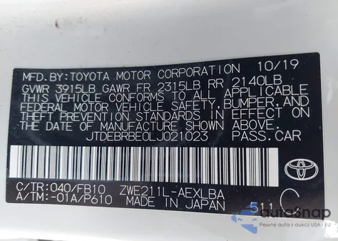 2020 Toyota Corolla Hybrid Le z USA, uszkodzony, nr VIN JTDEBRBE0LJ021023